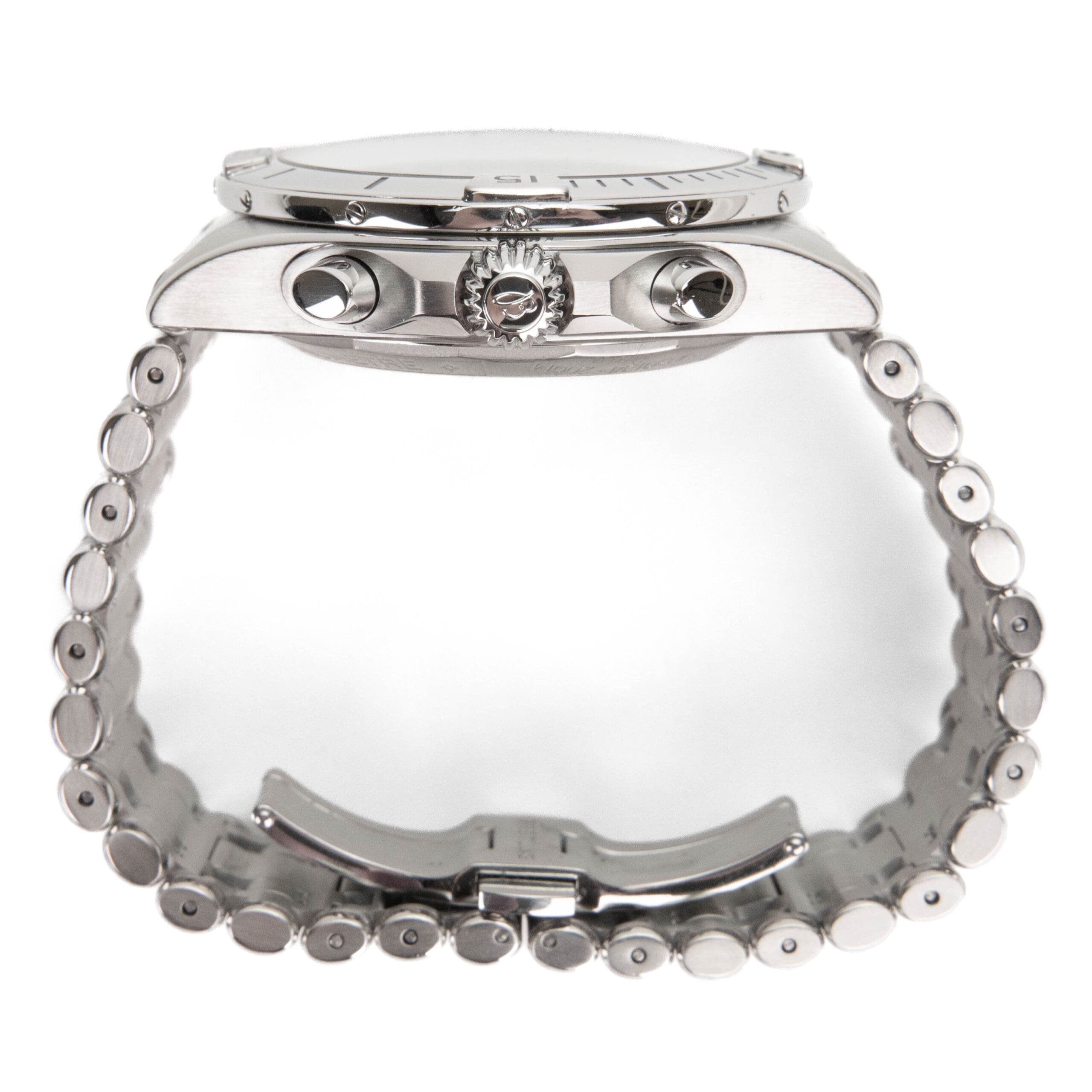 Side view of a silver wristwatch.