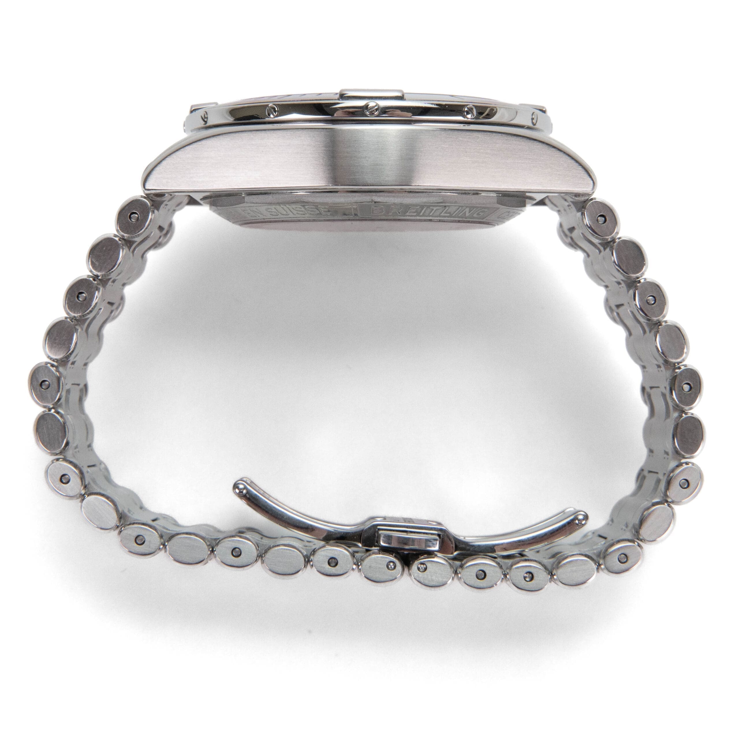 Silver watch with metal link bracelet.