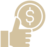 A beige icon of a hand giving a thumbs up, overlapping a coin with a dollar sign.