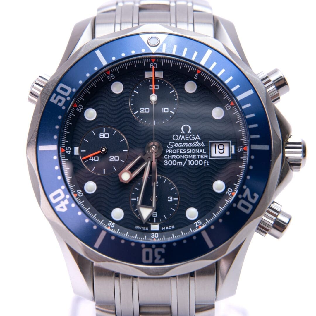 Omega Seamaster watch with blue dial.