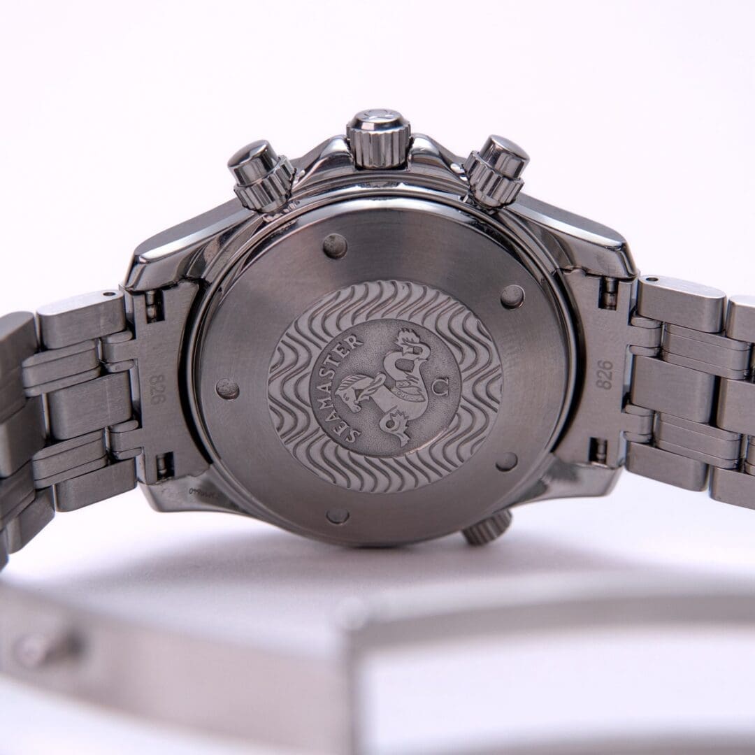 Back of a stainless steel wristwatch.