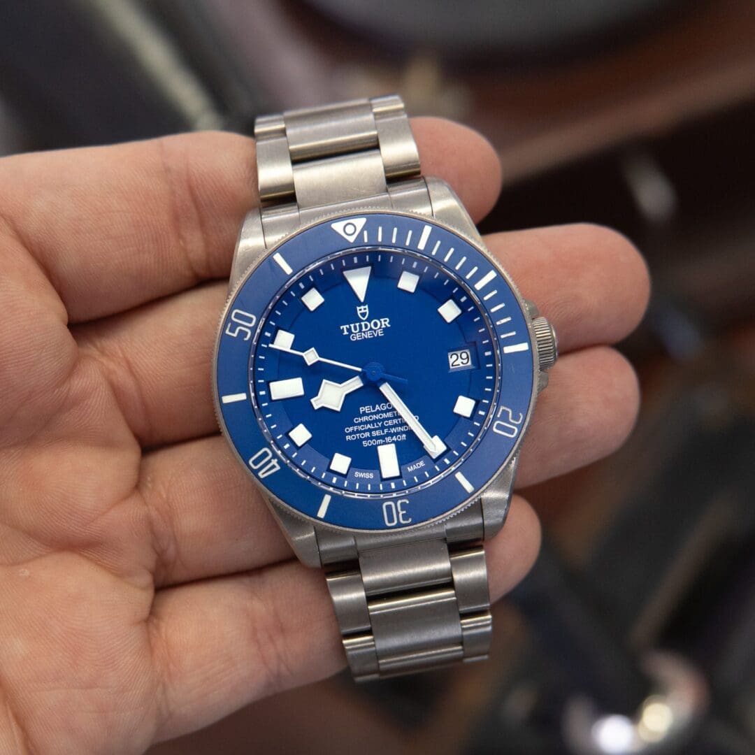 Person holding a blue Tudor watch.