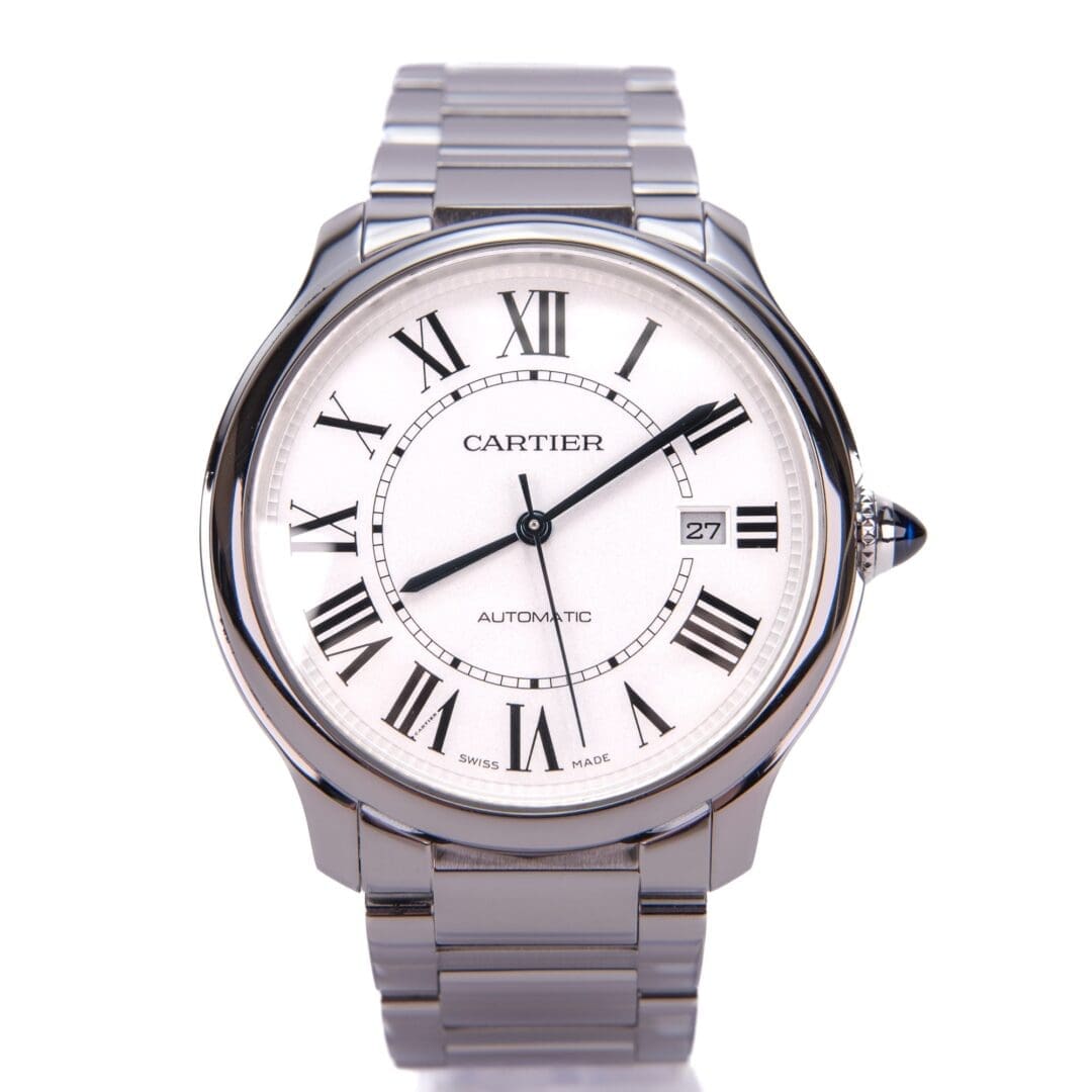 Luxury silver watch with Roman numerals.