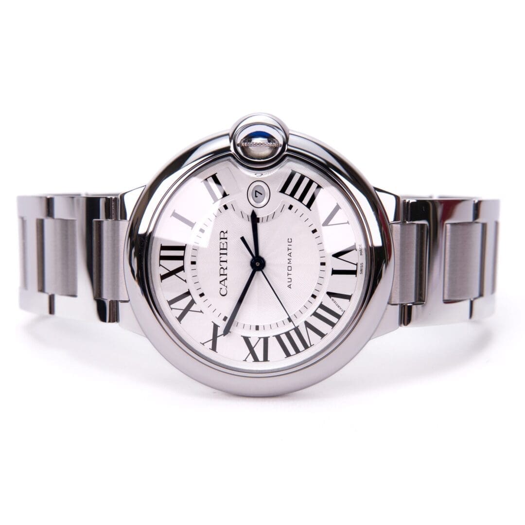 Luxury silver wristwatch with Roman numerals.