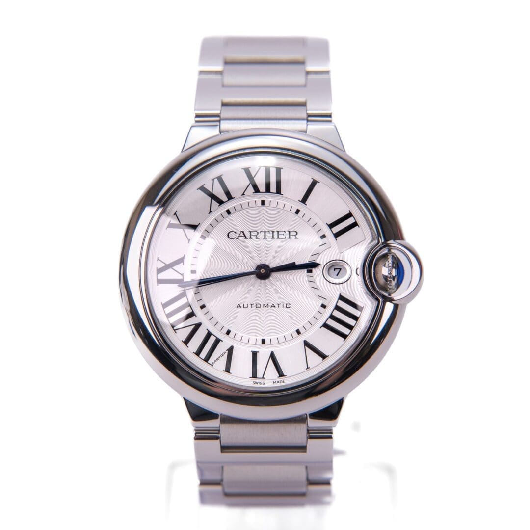 Silver watch with Roman numeral dial.
