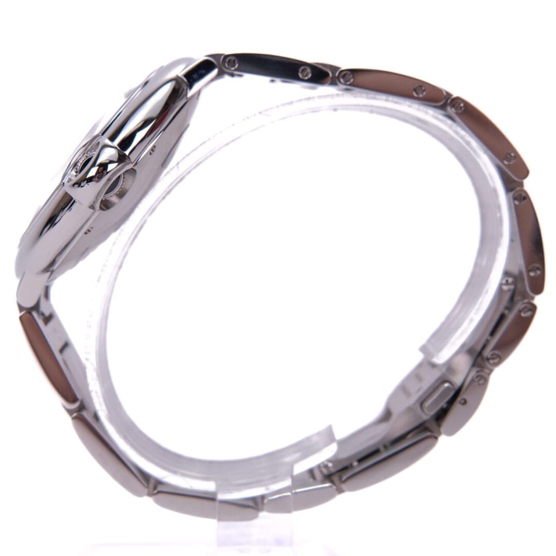 Side view of a metal wristwatch.
