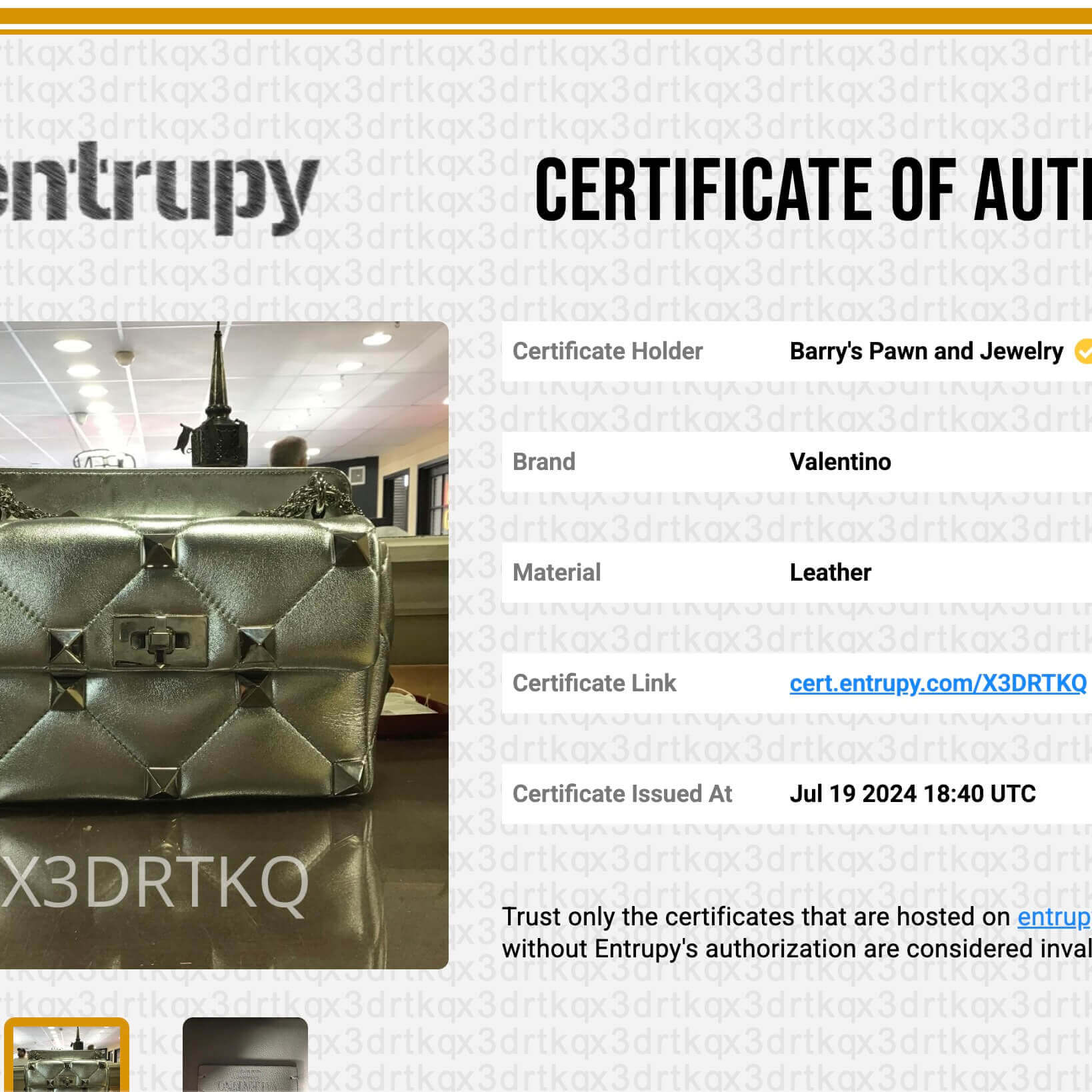 Certificate of authenticity for leather Valentino bag.