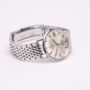 Silver wristwatch with metal link bracelet.