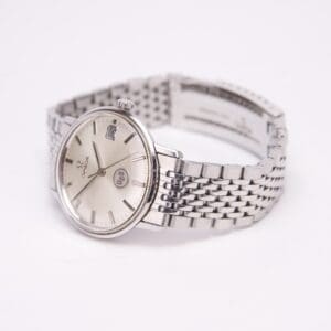 Silver wristwatch with metal link bracelet.