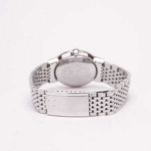Silver watch with a metal bracelet.