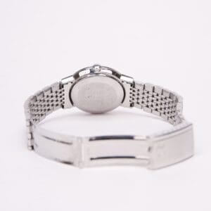 Silver wristwatch with metal bracelet band.