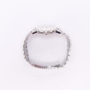 Silver wristwatch with metal bracelet.