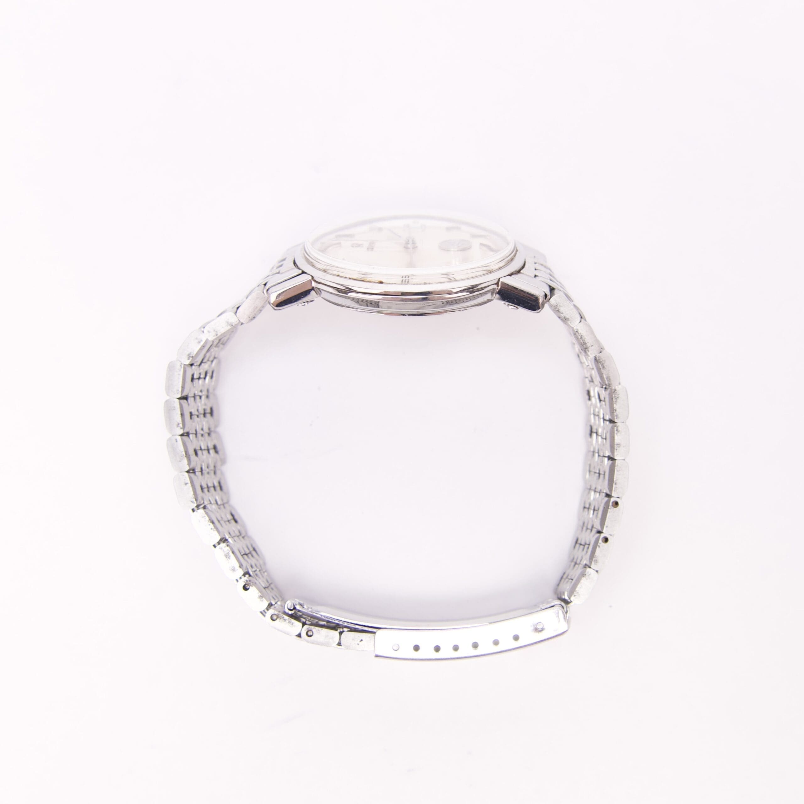 Silver wristwatch with metal bracelet.