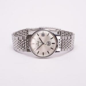 Silver wristwatch with metal link band.