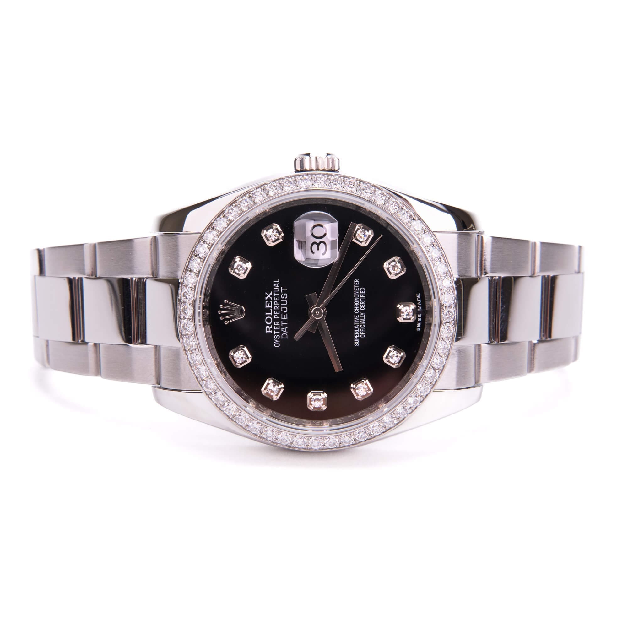 Luxury wristwatch with diamond accents and date.