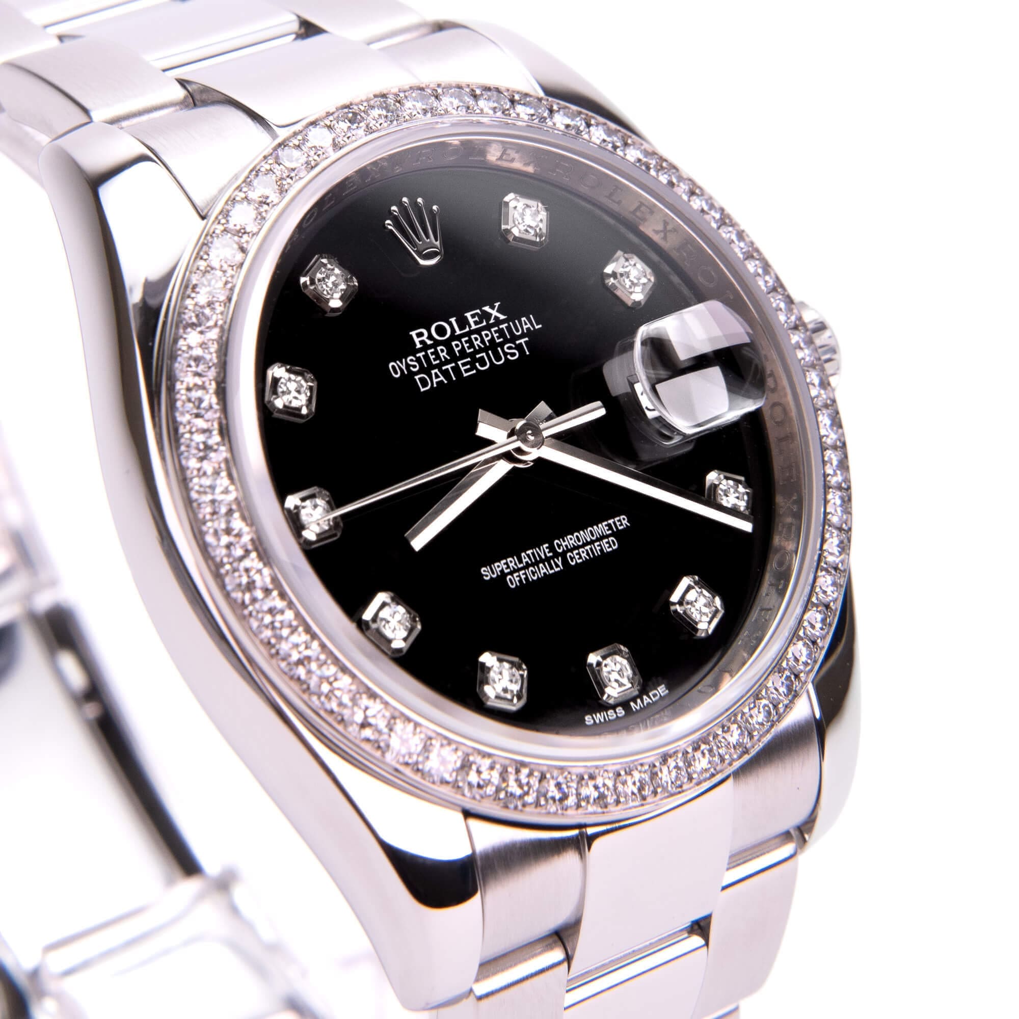 Luxury watch with black dial and diamonds.