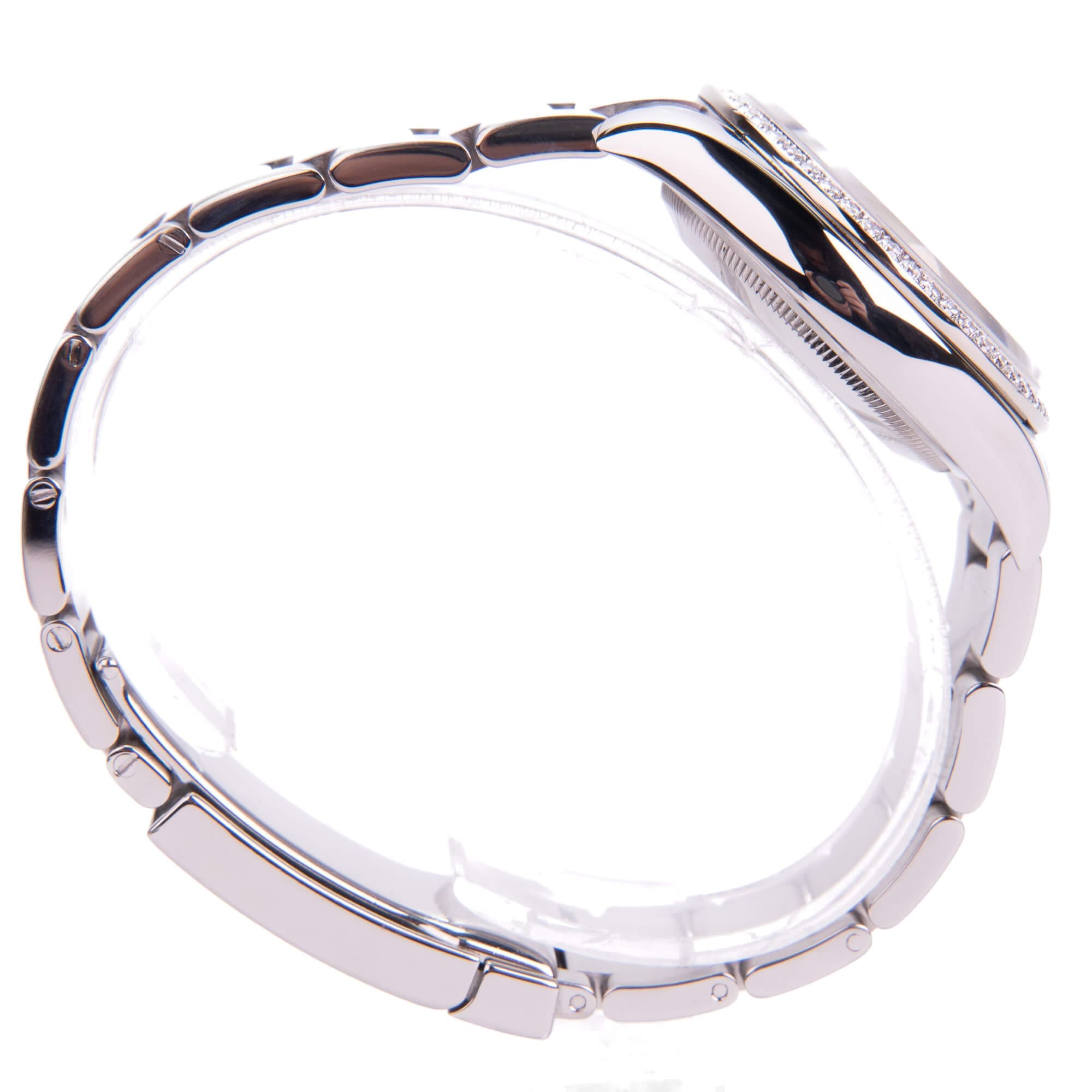 Silver wristwatch with metal bracelet band.