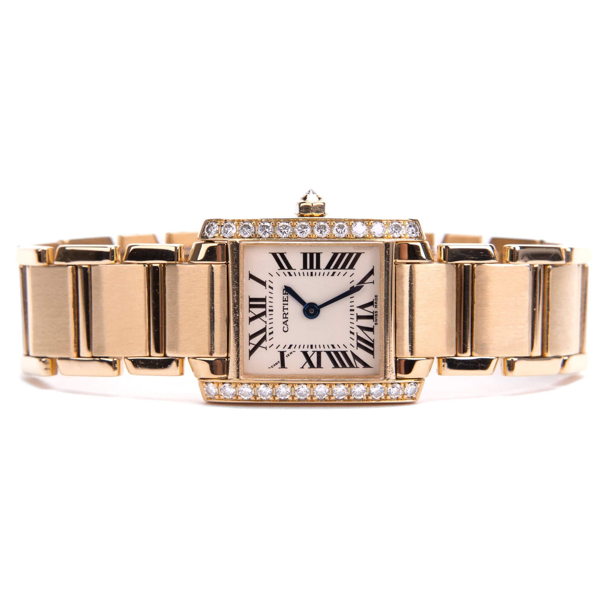 Gold watch with diamond accents and bracelet.