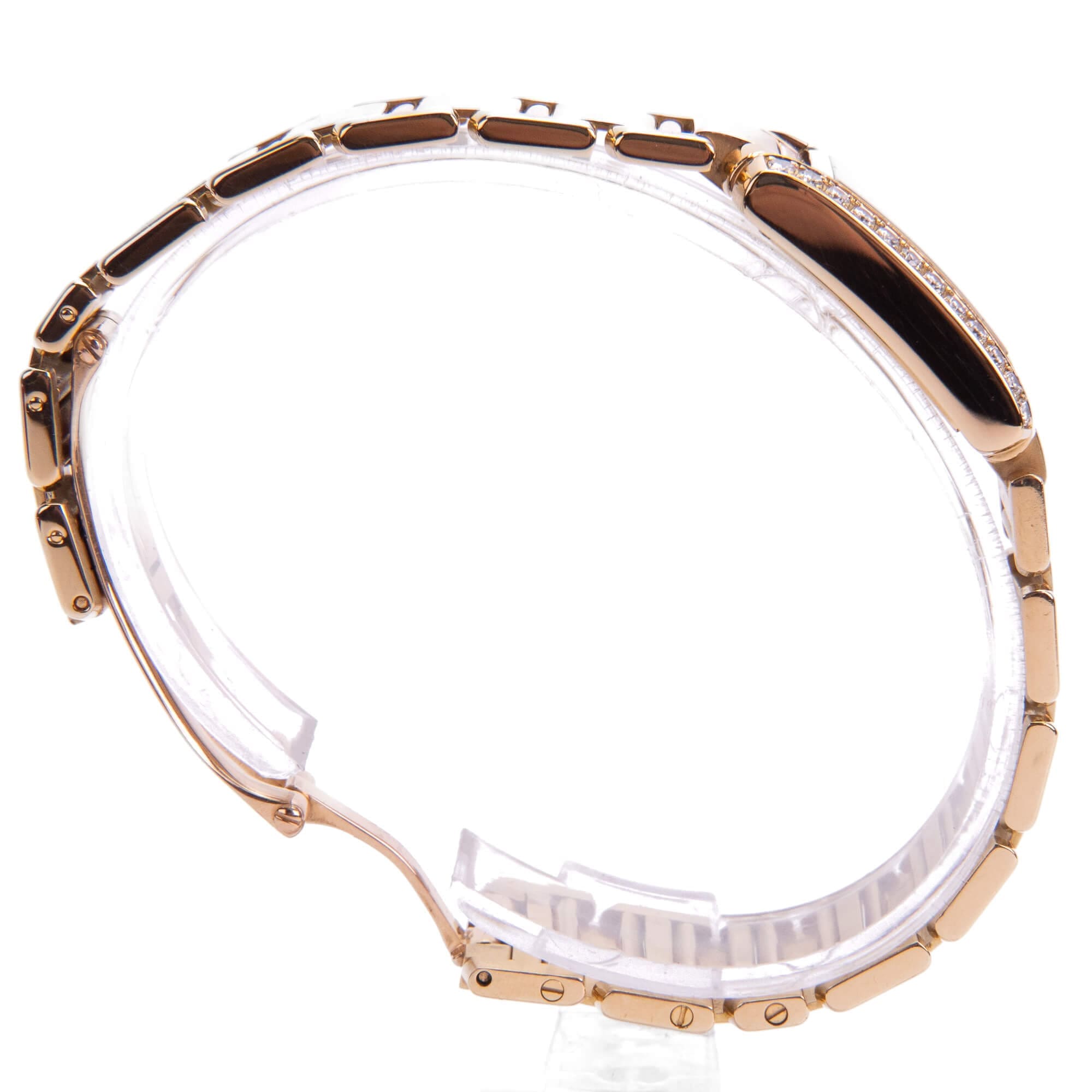 Rose gold smartwatch with diamond accents.