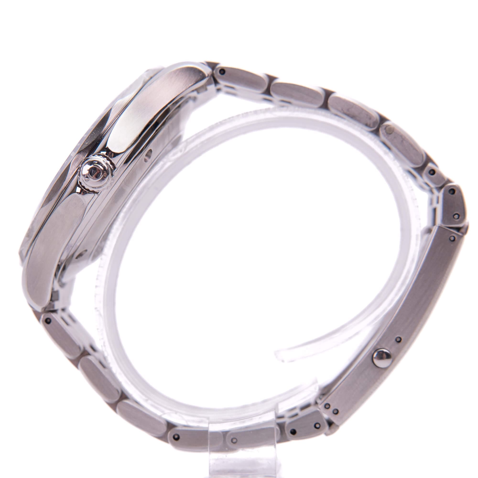 Profile view of a silver wristwatch.