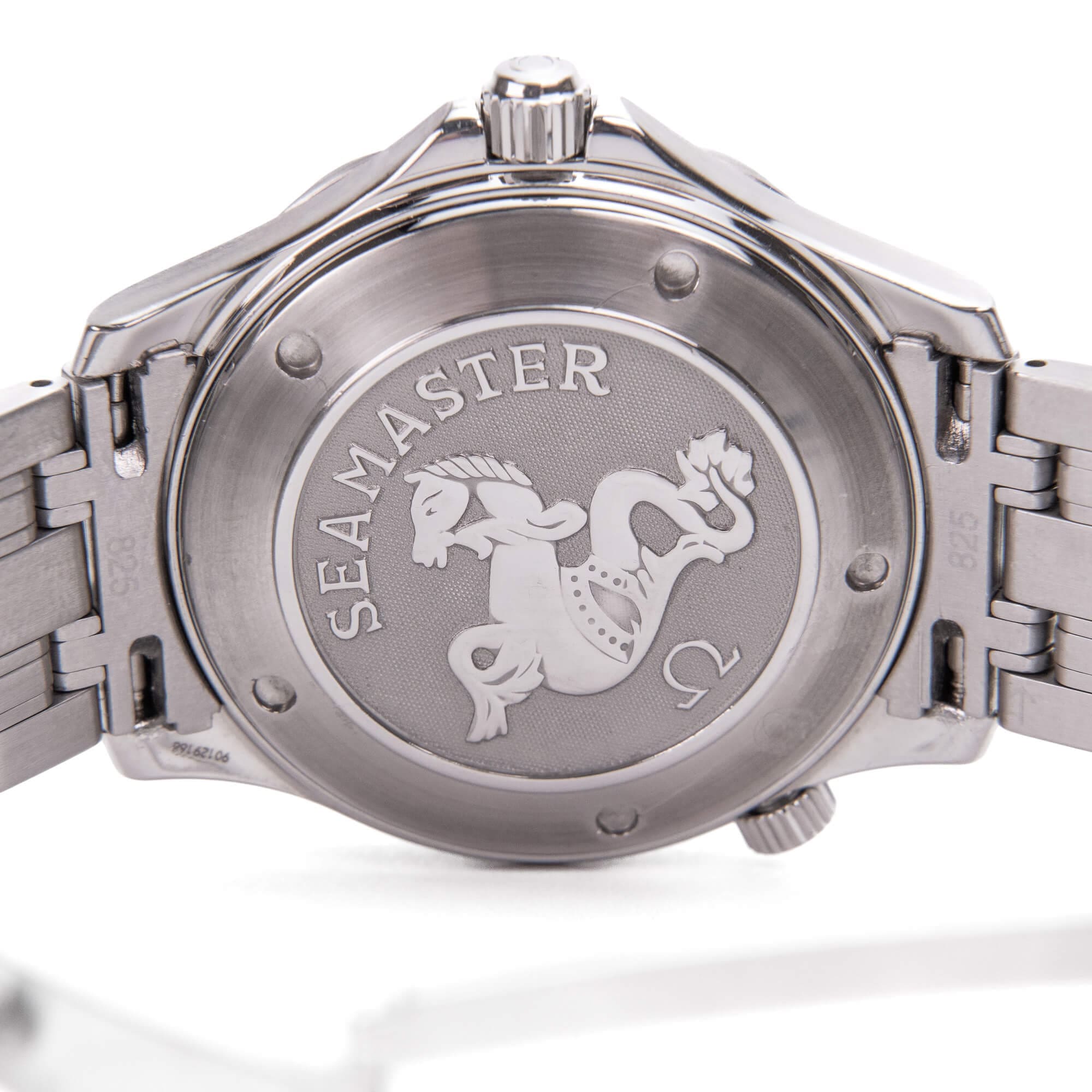 Seamaster watch back with seahorse engraving.