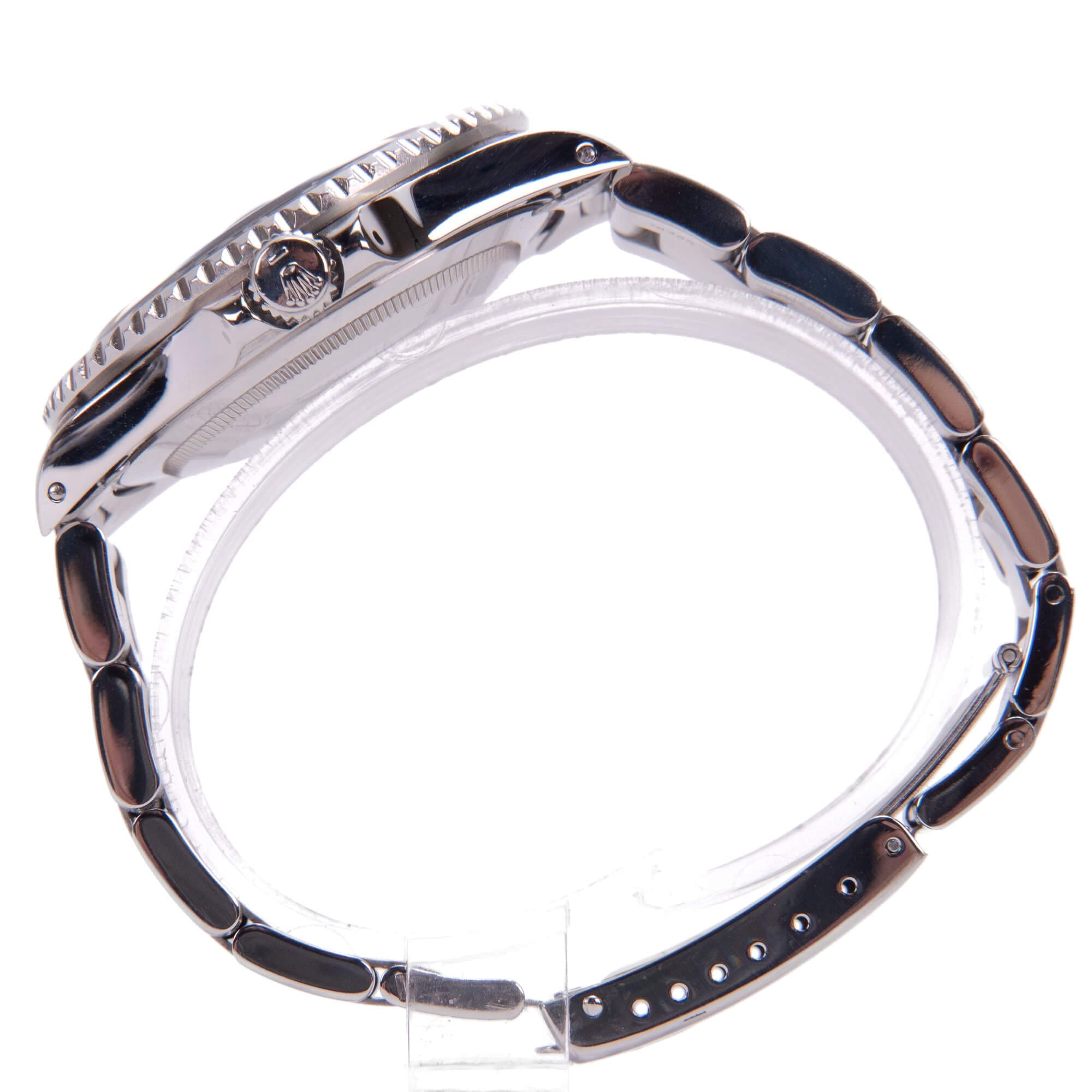 Side view of a metal wristwatch.
