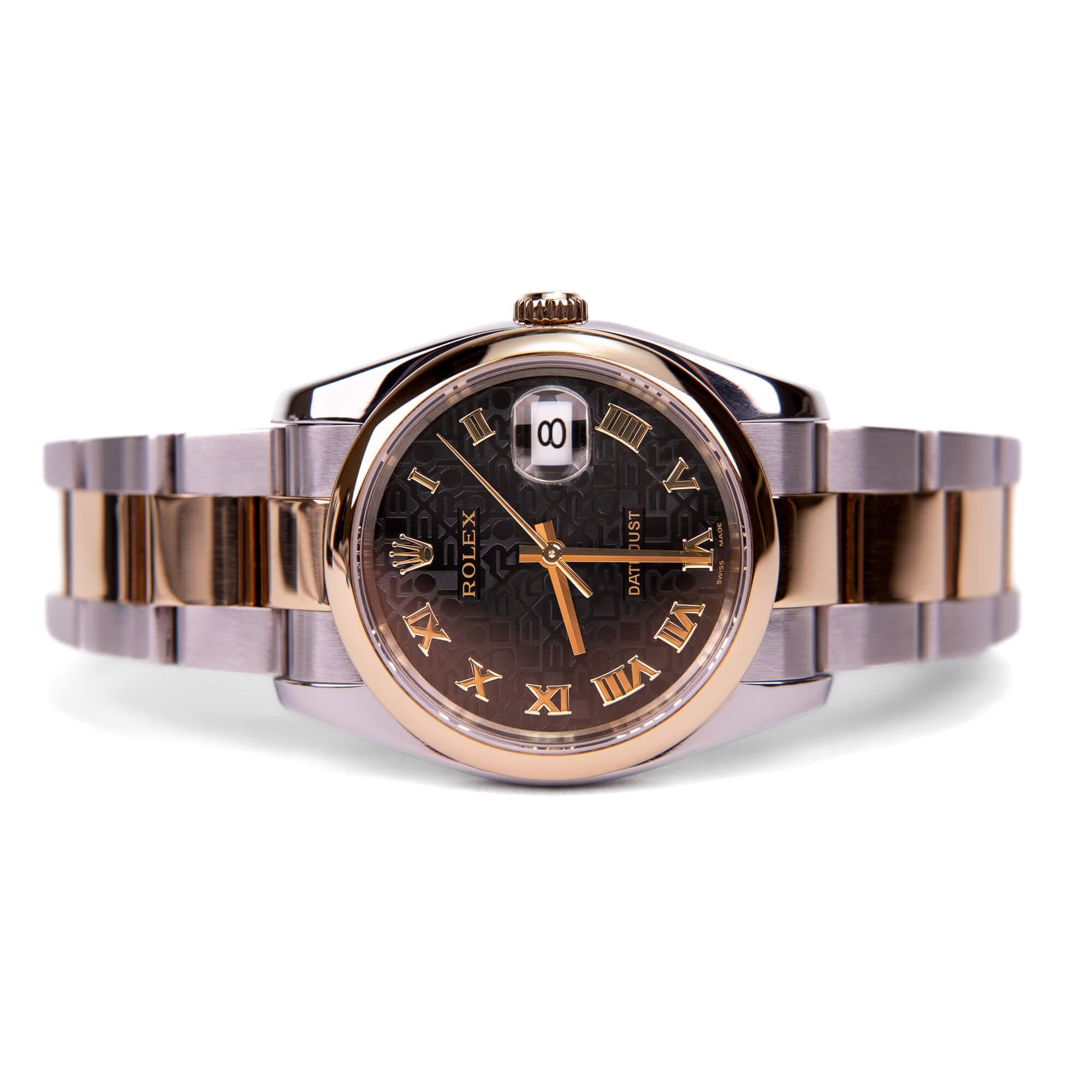Luxury gold and silver wristwatch with date.