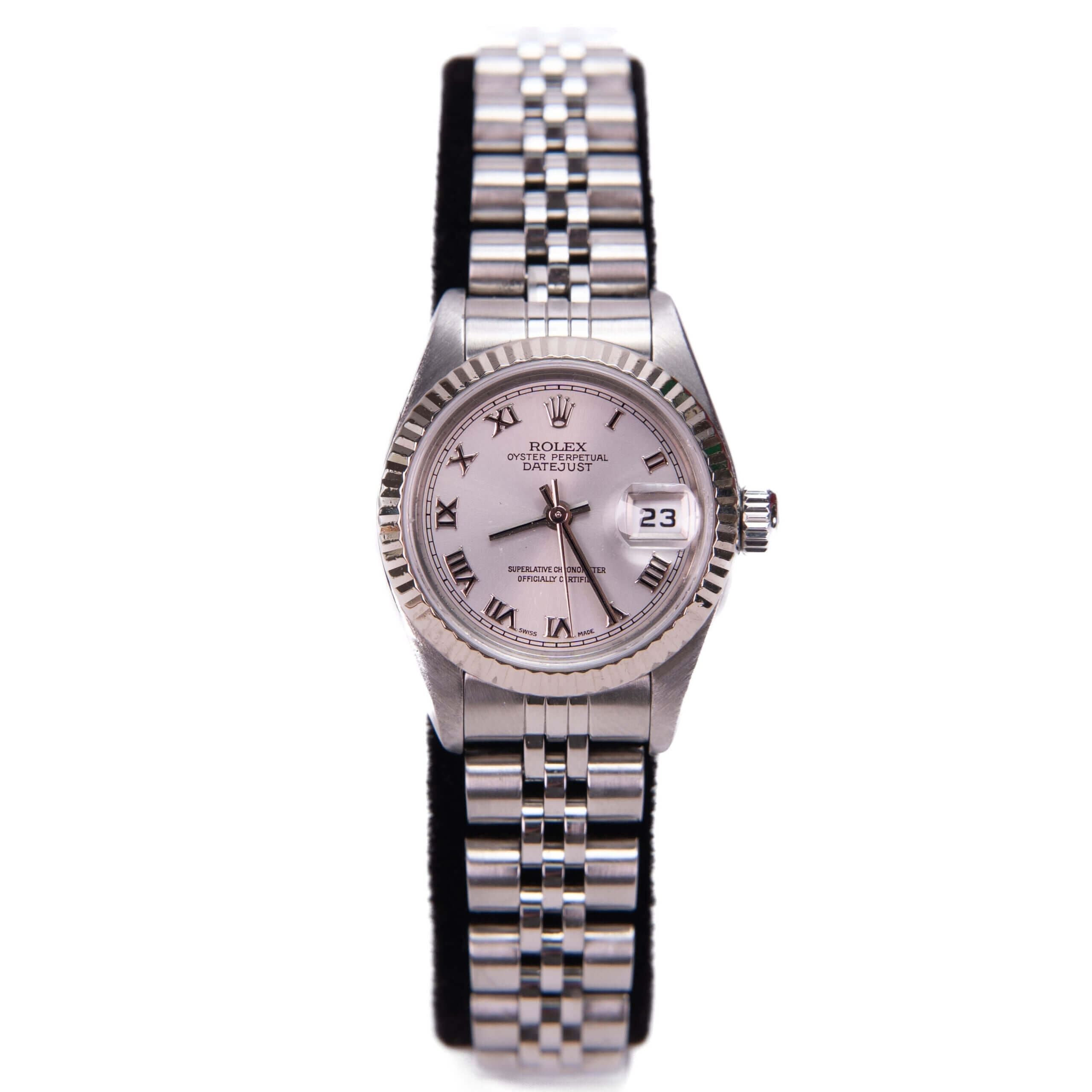 Silver luxury wristwatch with date display.