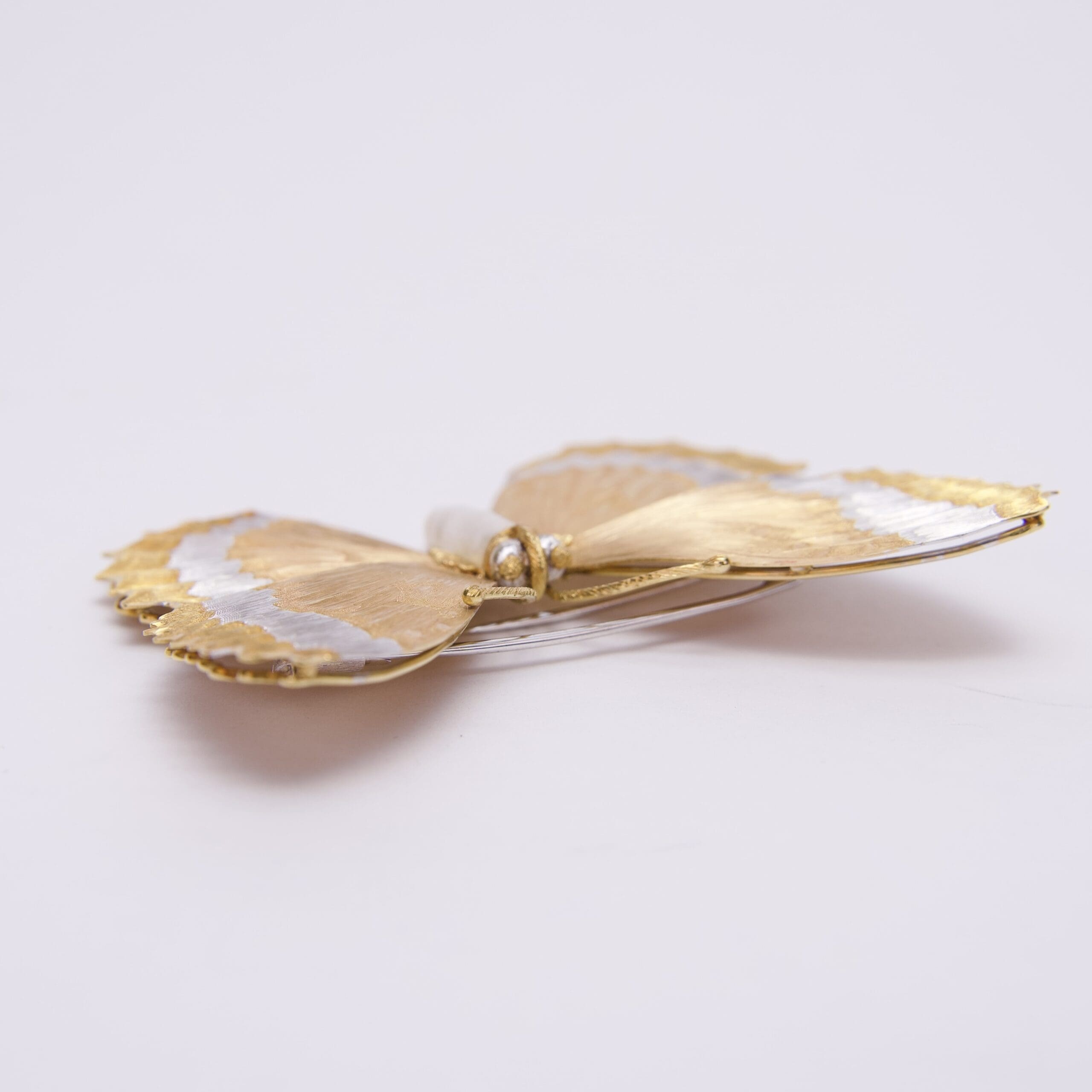 Gold and white butterfly-shaped brooch.