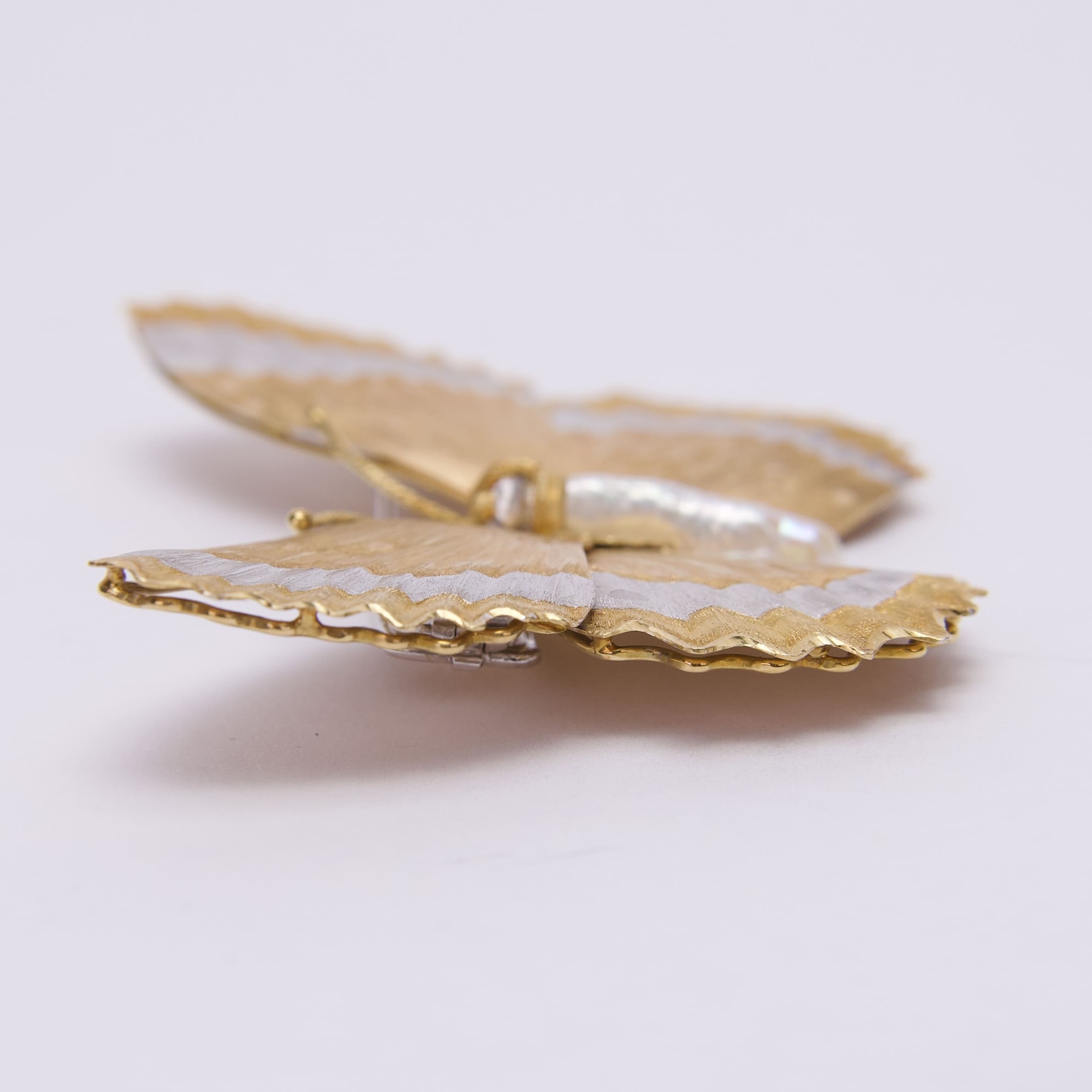 Gold and silver butterfly on white background.