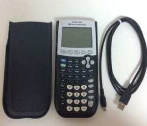 Graphing calculator with cover and USB cable.