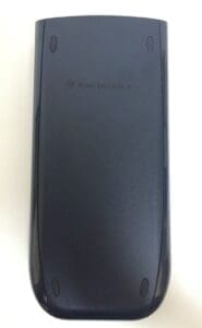 Back view of a black calculator case.