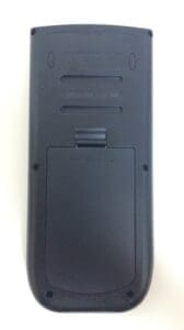 Back of a black remote control device.